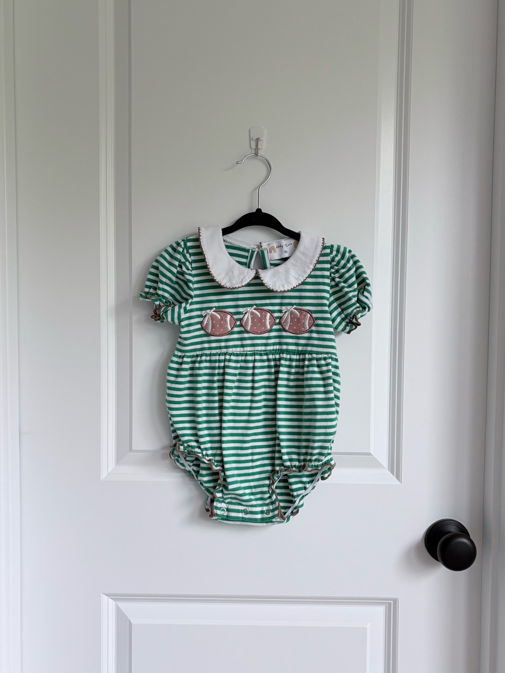 Abby & Evie Embroidered Football Striped Green Bubble Romper